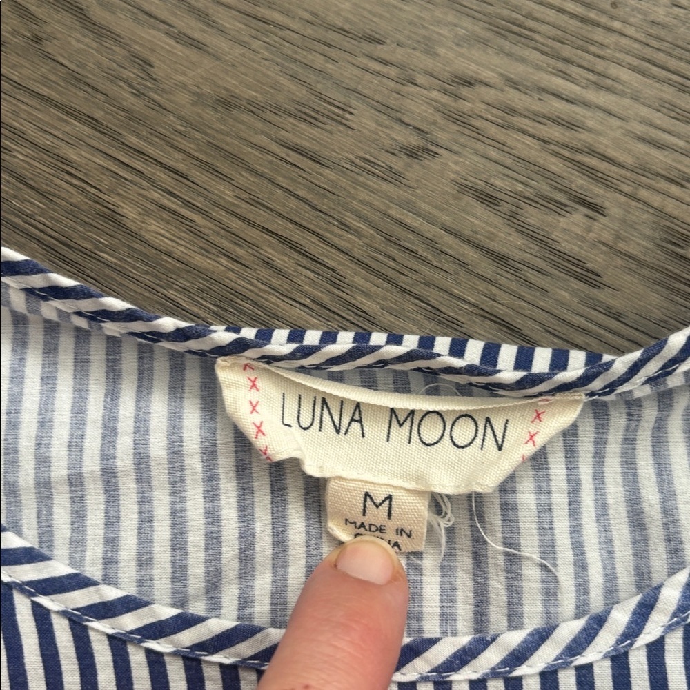 Luna Moon |Striped and Embroidered Boho Bell Sleeve Top Navy and White Sz Medium - Picture 5 of 11